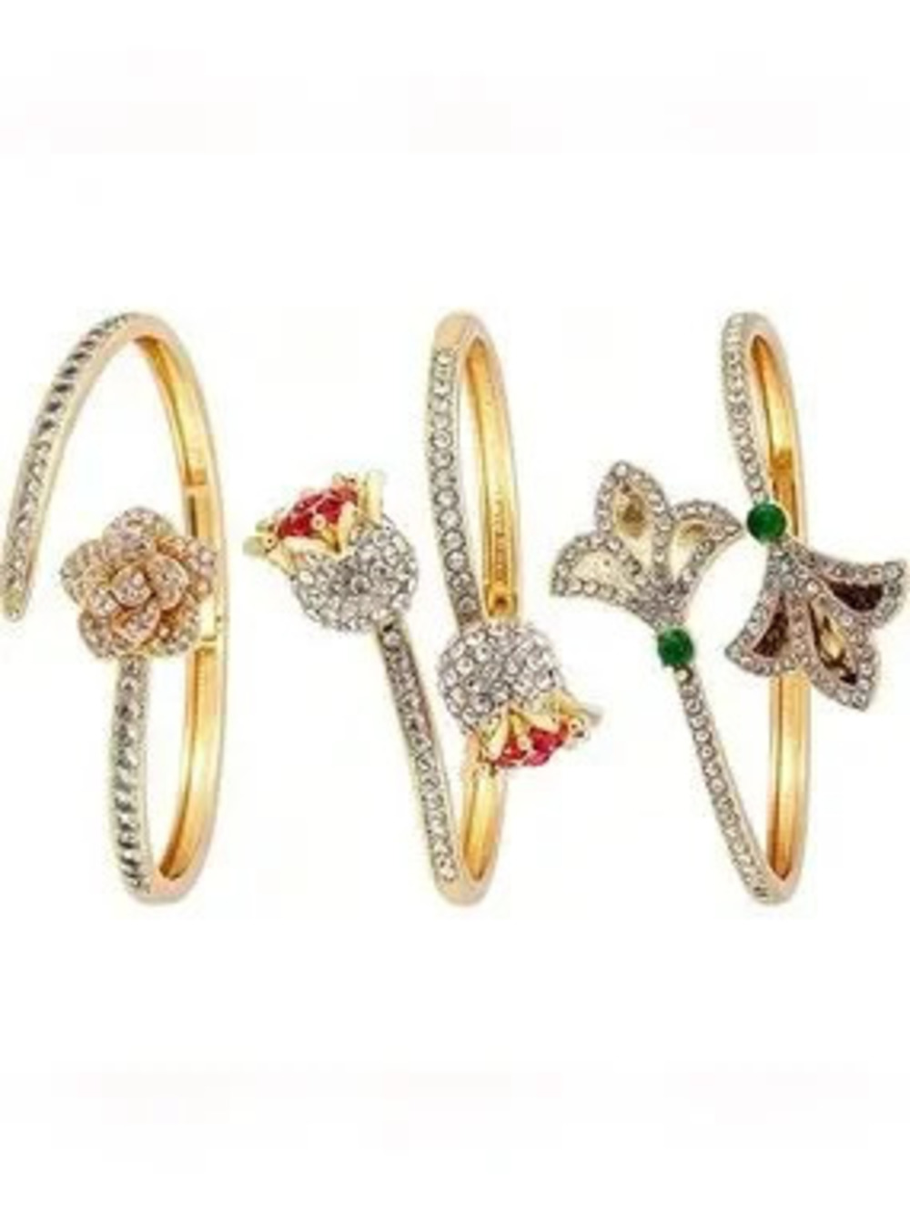 Anthropologie Gold Color Crystal Floral & Emerald Accent Cuff Bracelets
